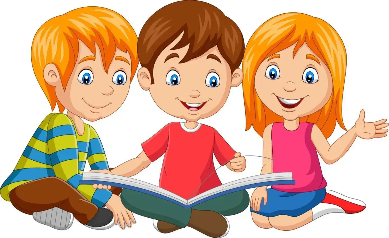 Tres ni&ntilde;os sentados juntos, leyendo un libro. El ni&ntilde;o del medio sonr&iacute;e, mientras los otros dos escuchan atentamente. Es una escena que evoca palabras bonitas para ni&ntilde;os.