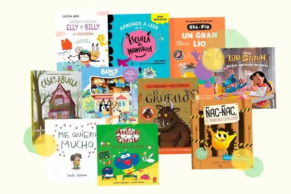 Colección de cuentos para niños de 5 años con personajes como El Grufalo, Stitch y monstruos divertidos.