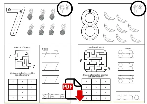 Hojas de grafomotricidad de números del 1 al 10 para imprimir, con actividades de trazo, laberintos y colorear.