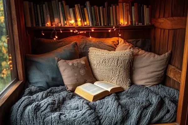 Un acogedor rincón de lectura con cojines mullidos, una manta tejida y un libro abierto. Las luces de hadas añaden un toque mágico.