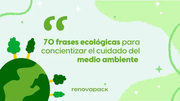 Planeta verde con árboles y el eslogan del medio ambiente para niños: "70 frases ecológicas para concientizar el cuidado del medio ambiente".