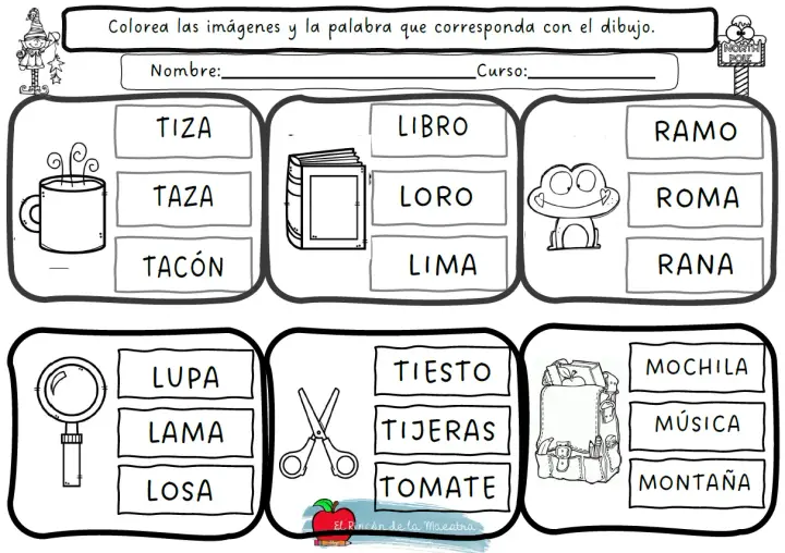 Fichas de lectoescritura para colorear y asociar imágenes con palabras. Incluye tazas, libros, ranas, lupas, tijeras y mochilas.