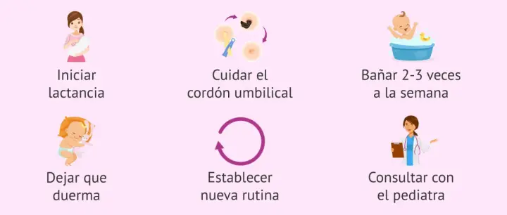 Una madre abraza a su bebe recién nacido. La imagen muestra consejos para el cuidado del bebé: iniciar lactancia, cuidar el cordón, bañar, dejar dormir, rutina y consulta pediátrica.