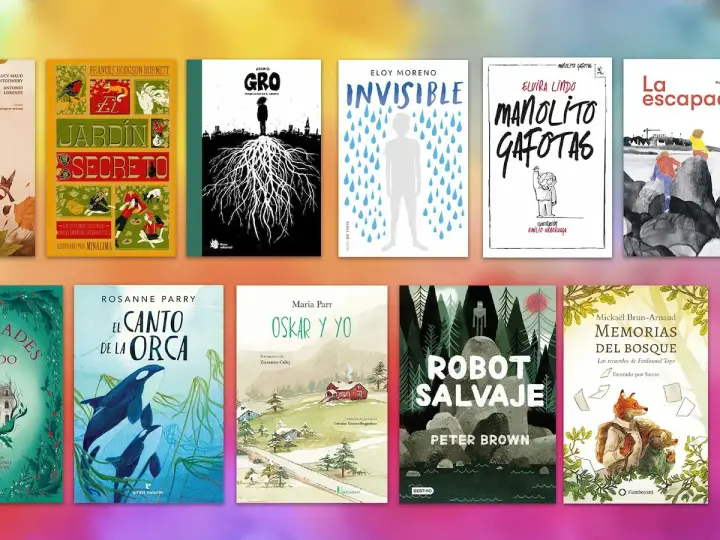 Variedad de libros infantiles y juveniles, incluyendo títulos como "El Jardín Secreto" y "Robot Salvaje", ideales como libros para niños de 10 a 12 años.