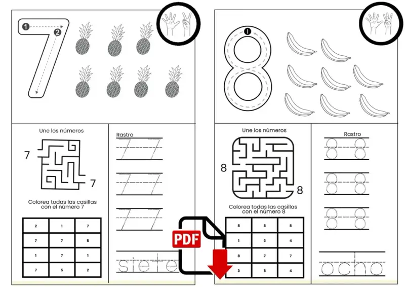 Hojas de grafomotricidad de números del 1 al 10 para imprimir, con actividades de trazo, laberintos y colorear.