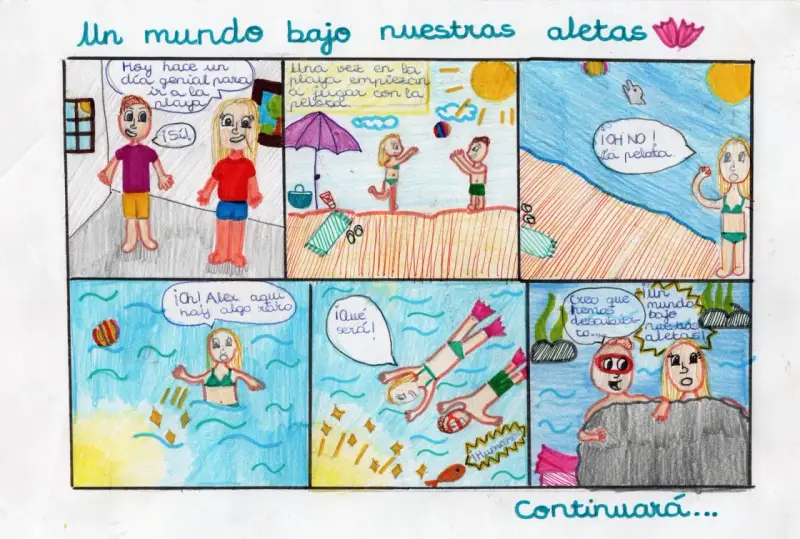 Viñetas de 6 comics fáciles: dos niños van a la playa, pierden la pelota en el mar y descubren un mundo bajo el agua.