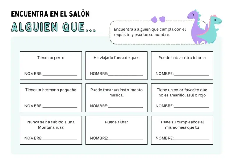 Fichas de animales para imprimir: juego "Encuentra a alguien que..." con casillas para escribir nombres según diferentes requisitos.